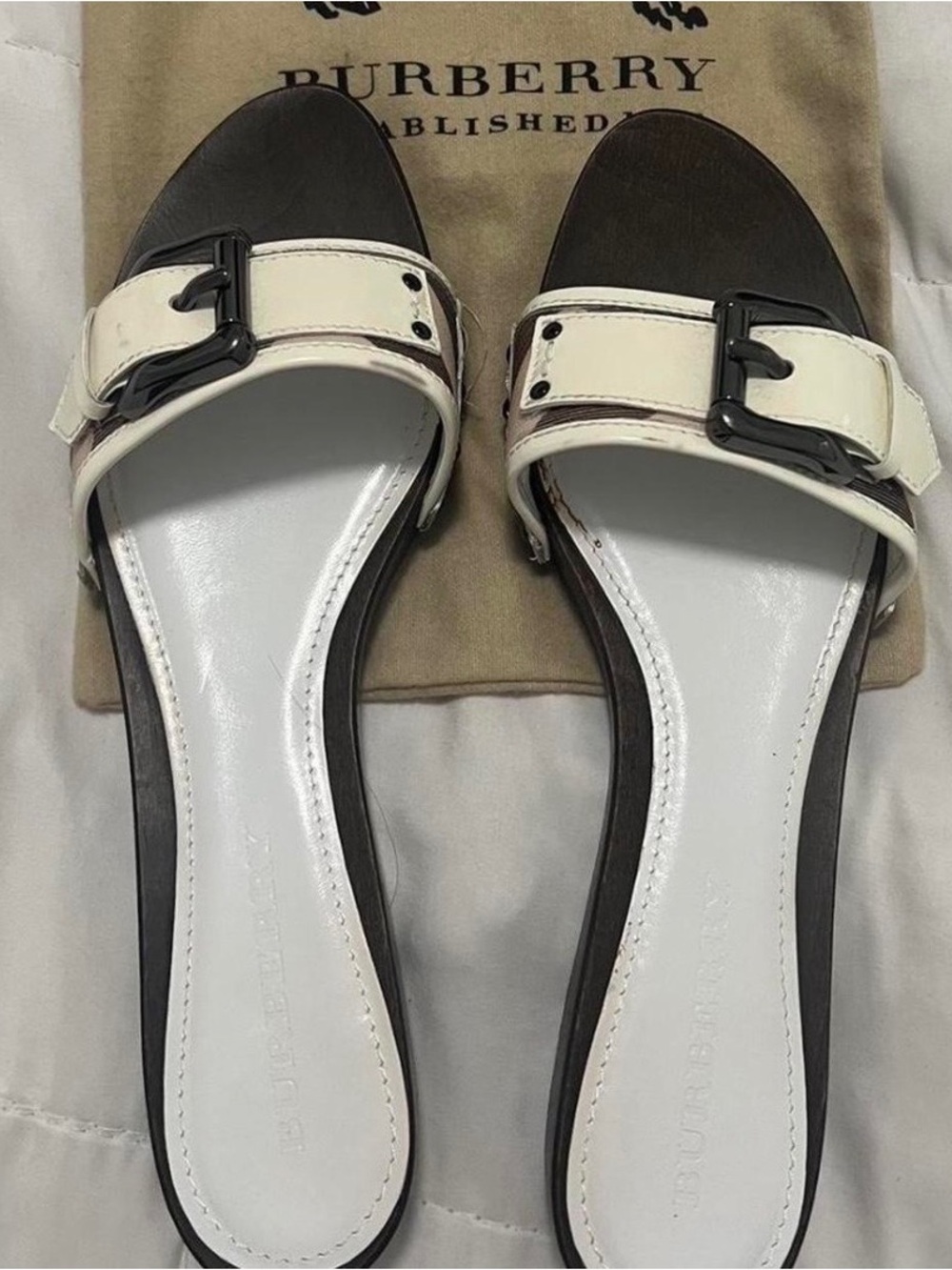 Burberry Black and White Leather Buckle Slide Sandals
